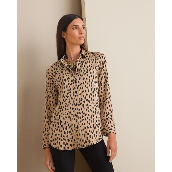 Chicos sz 3 CheetahPrint Sandwashed Satin Easy button up Modal Shirt  XL WT339 - Picture 1 of 7